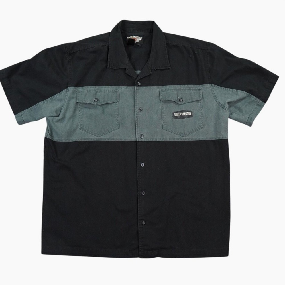 Harley-Davidson Shirt Mens 3XL Black Gray Colorblock V-Twin Logo Biker Workwear